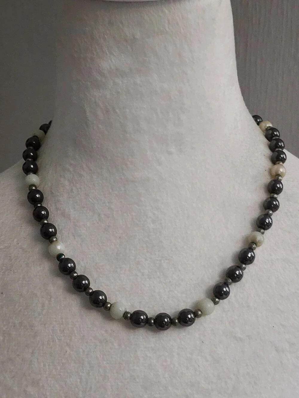 Classic Hematite and Soft White  Beaded Necklace